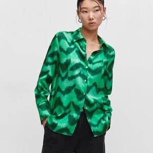 Mango Satin Green Patterned Blouse